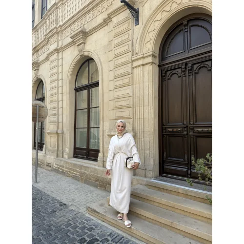 NATURAL KETEN BAĞLAMALI ELBİSE BEJ