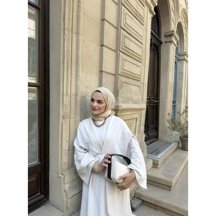 NATURAL KETEN BAĞLAMALI ELBİSE BEJ