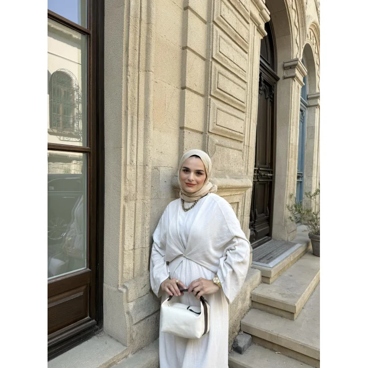 NATURAL KETEN BAĞLAMALI ELBİSE BEJ