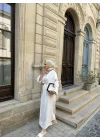 NATURAL KETEN BAĞLAMALI ELBİSE BEJ