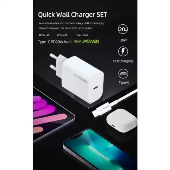 Realpower 20W Seyahat Şarj Aleti + Type-C Den Lightning Kablo Rp-Cg20C