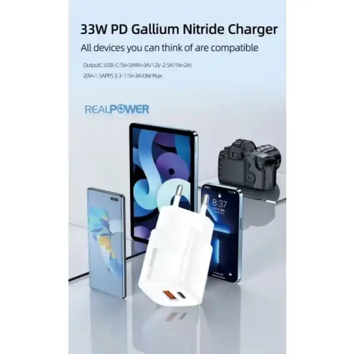 Realpower 33W Gan Beyaz Seyahat Hızlı Şarj Aleti + Type-C Den Type-C Kablo Rp-Cg33Cw