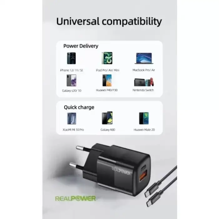 Realpower 33W Gan Siyah Seyahat Hızlı Şarj Aleti + Type-C Den Type-C Kablo Rp-Cg33Cb