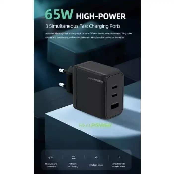 Realpower 65W Gan Beyaz Seyahat Hızlı Şarj Aleti + Type-C Den Type-C Kablo Rp-Cg65Cw