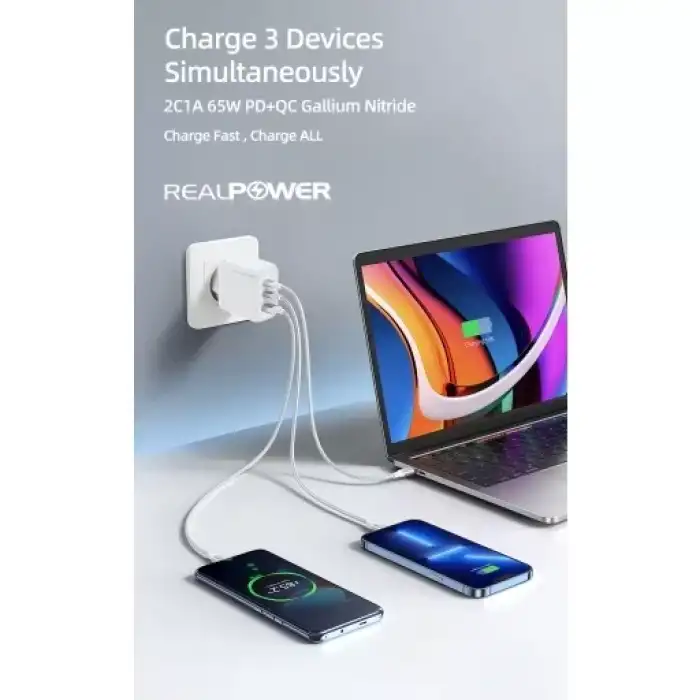Realpower 65W Gan Siyah Seyahat Hızlı Şarj Aleti + Type-C Den Type-C Kablo Rp-Cg65Cb