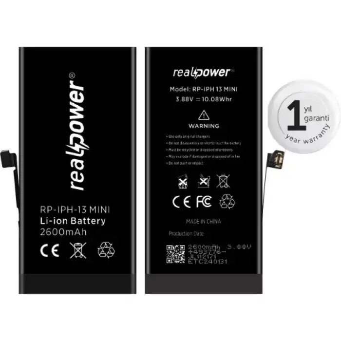 Realpower Apple Uyumlu iPhone 13 Mini Yüksek Kapasiteli Batarya 2406Mah