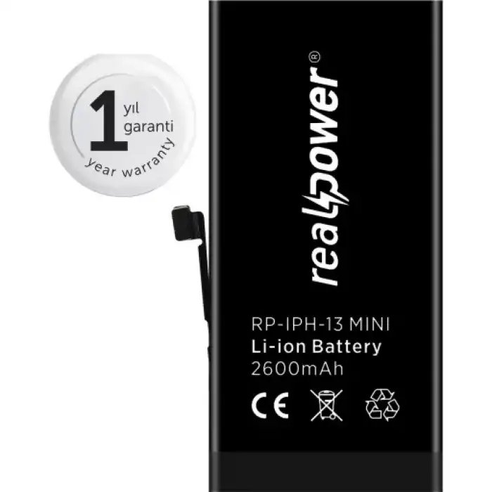 Realpower Apple Uyumlu iPhone 13 Mini Yüksek Kapasiteli Batarya 2406Mah