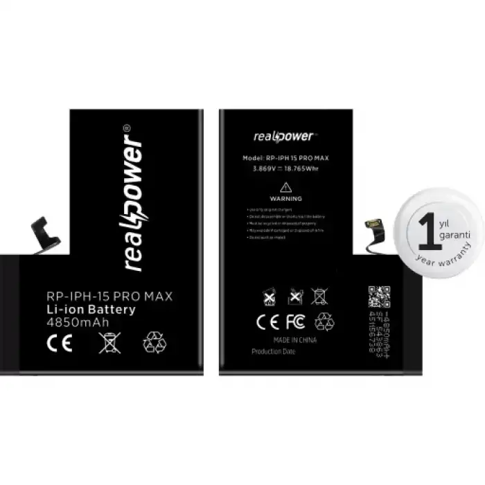 Realpower Apple Uyumlu iPhone 15 Pro Max Yüksek Kapasiteli Batarya