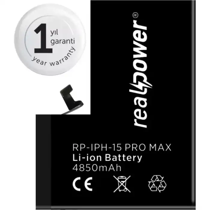 Realpower Apple Uyumlu iPhone 15 Pro Max Yüksek Kapasiteli Batarya