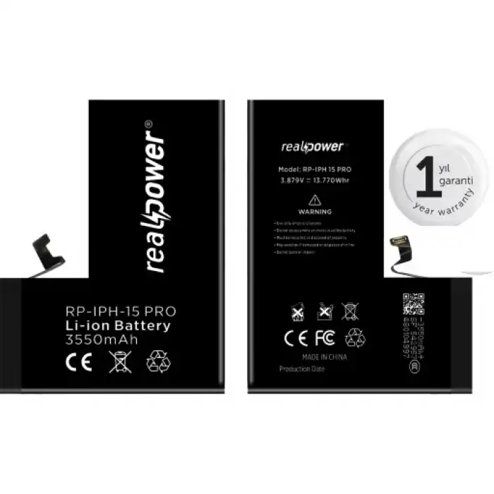Realpower Apple Uyumlu iPhone 15 Pro Yüksek Kapasiteli Batarya