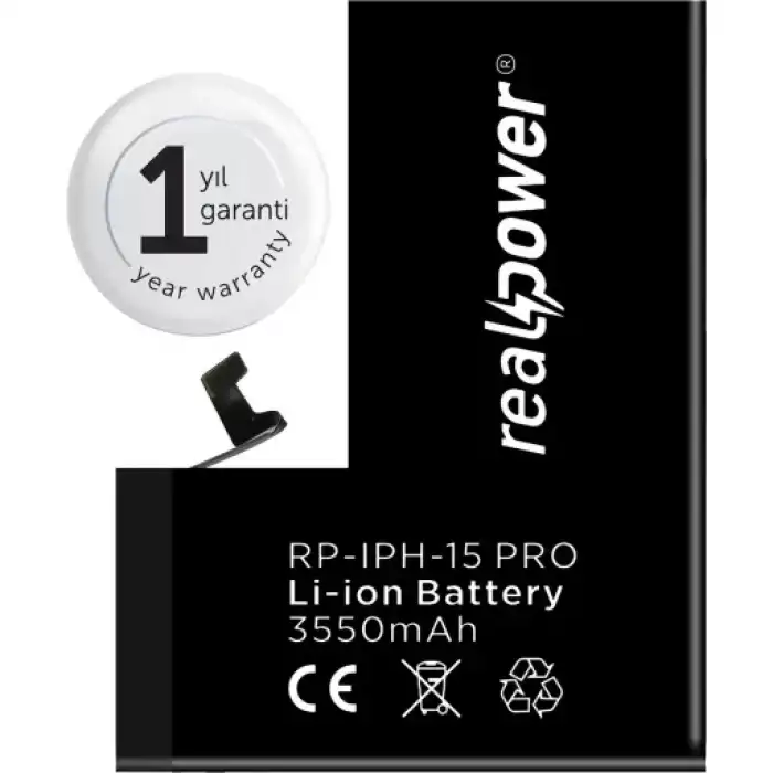 Realpower Apple Uyumlu iPhone 15 Pro Yüksek Kapasiteli Batarya