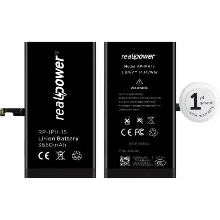 Realpower Apple Uyumlu iPhone 15 Yüksek Kapasiteli Batarya