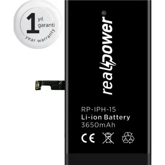 Realpower Apple Uyumlu iPhone 15 Yüksek Kapasiteli Batarya
