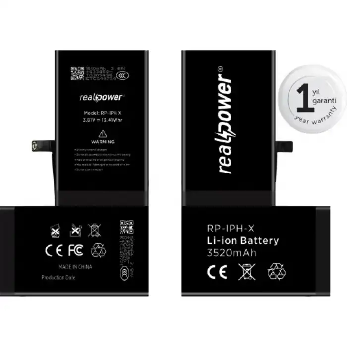 Realpower Apple Uyumlu iPhone X Yüksek Kapasiteli Batarya 3520Mah