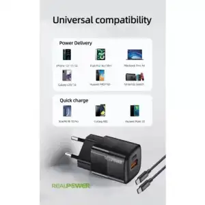 Realpower 33W Gan Siyah Seyahat Hızlı Şarj Aleti + Type-C Den Type-C Kablo Rp-Cg33Cb