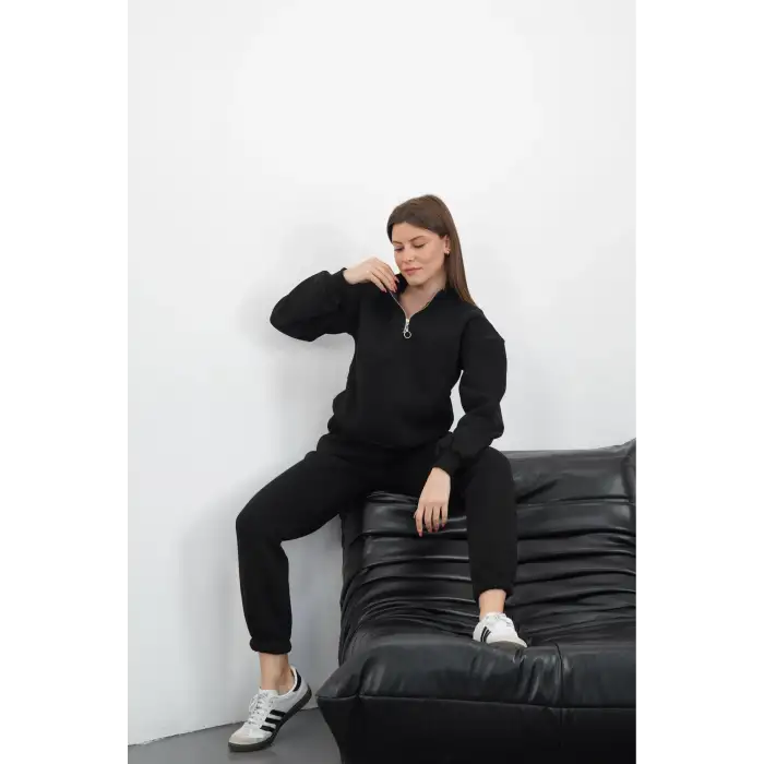 3 iplik içi Şardonlu yarım fermuarlı alt üst takım siyah