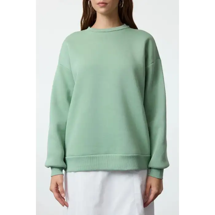 3 iplik şardonlu bisiklet yaka sweatshirt mint