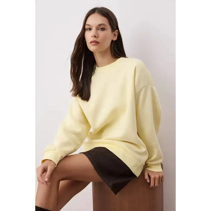 3 iplik şardonlu bisiklet yaka sweatshirt sarı