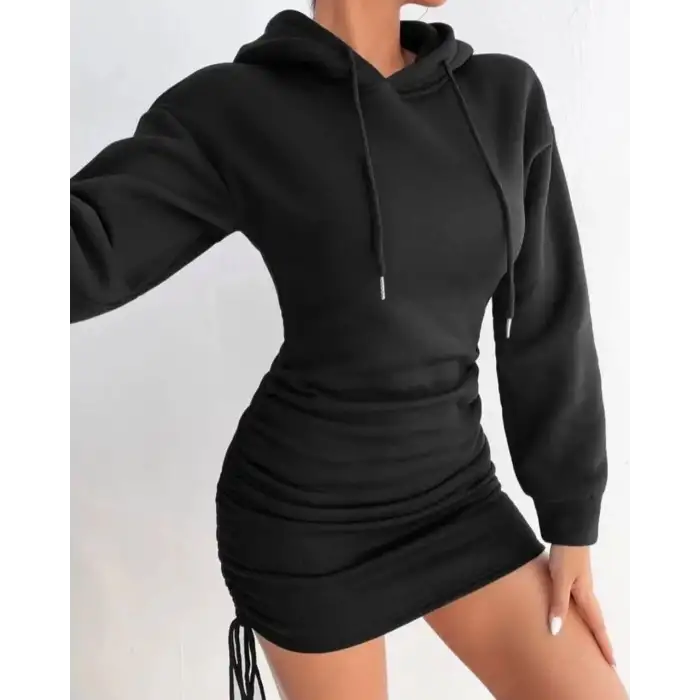 3 iplik şardonlu kapşonlu elbise siyah