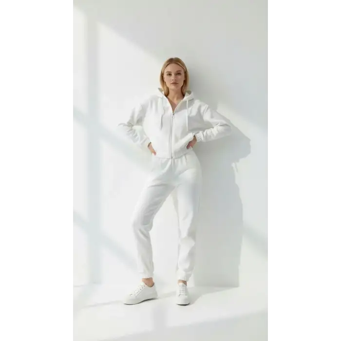 3 iplik şardonlu Kapşonlu fermuarlı kısa üst beyaz pat8590