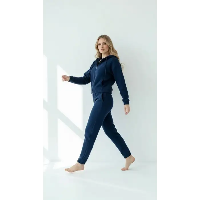 3 iplik şardonlu Kapşonlu fermuarlı kısa üst lacivert pat8590