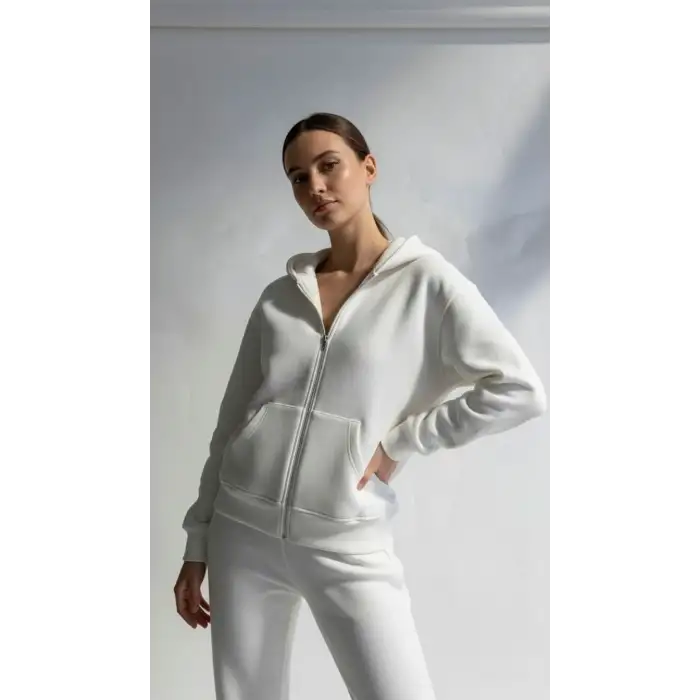 3 iplik şardonlu kapşonlu hoodie frm beyaz p510437