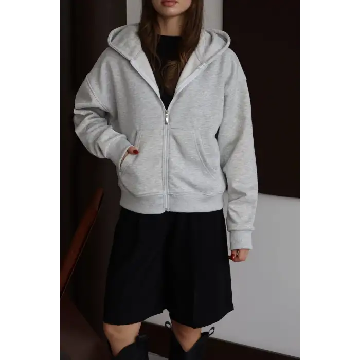 3 iplik şardonlu kapşonlu hoodie frm gri p510437