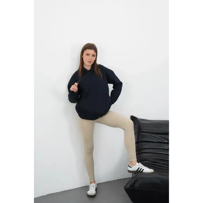 3 iplik şardonlu kapşonlu swetshirt lacivert md63