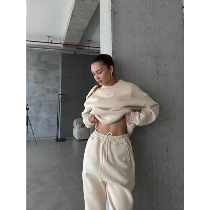 3 iplik şardonlu Lastik paça eşofman bej p510439