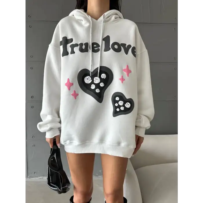 3 iplik şardonlu oversize true baskılı sweat Beyaz