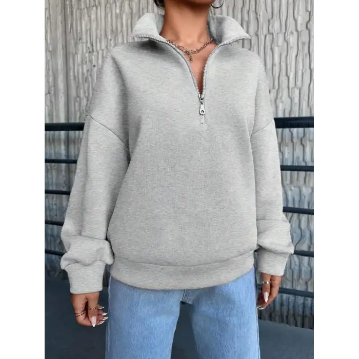 3 iplik Şardonlu yarım fermuarlı sweatshirt gri
