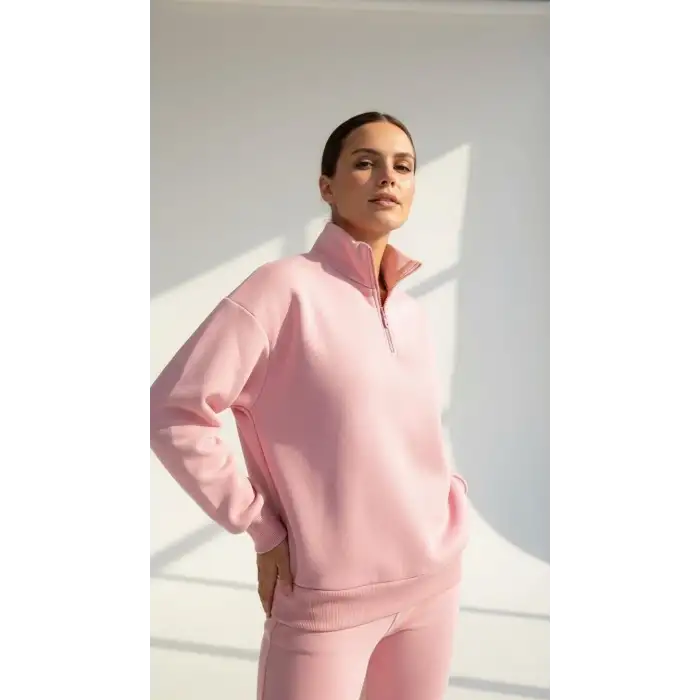 3 iplik Şardonlu yarım fermuarlı sweatshirt somon