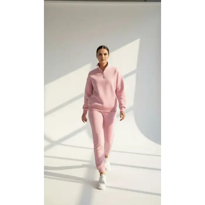 3 iplik Şardonlu yarım fermuarlı sweatshirt somon