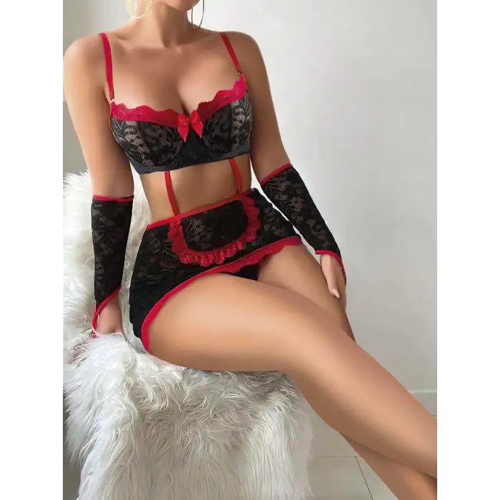 5 parça Kırmızı Siyah Dantel Çiçek Desen Hizmetçi Model Özel Fantezi Tanga Hediyeli 2043