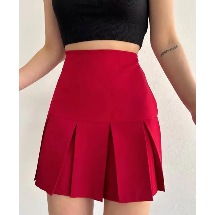 Altı geniş pileli etek bordo s24729