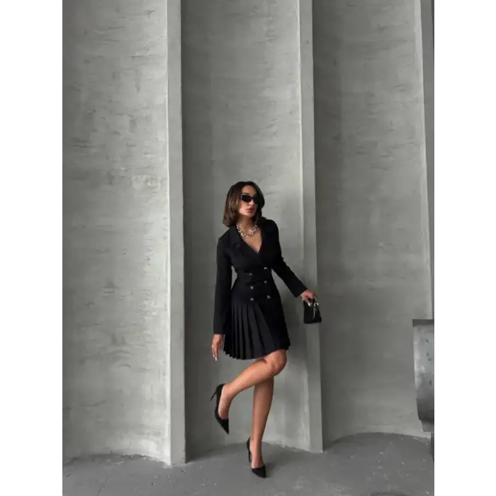 Altı piliseli uzun kollu ceket elbise siyah s255016