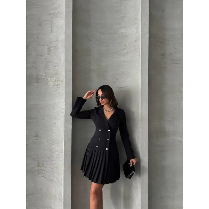 Altı piliseli uzun kollu ceket elbise siyah s255016