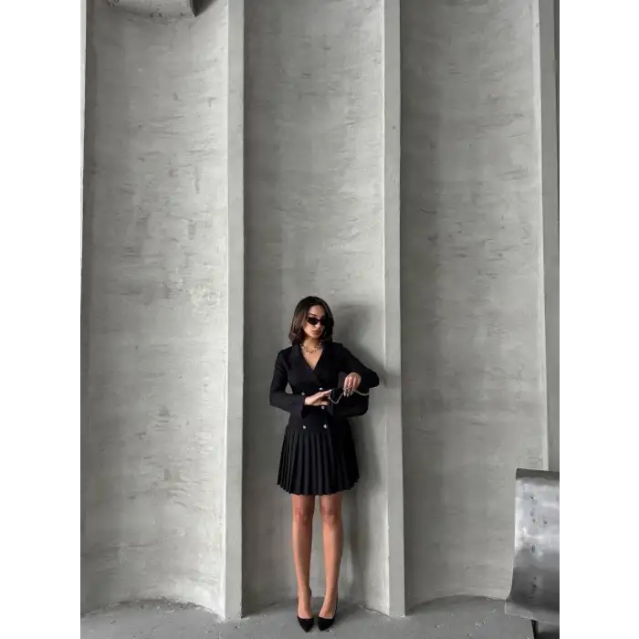 Altı piliseli uzun kollu ceket elbise siyah s255016