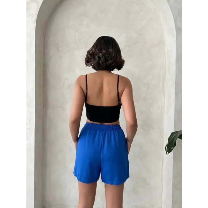 Armalı keten şort saks mavisi s251003