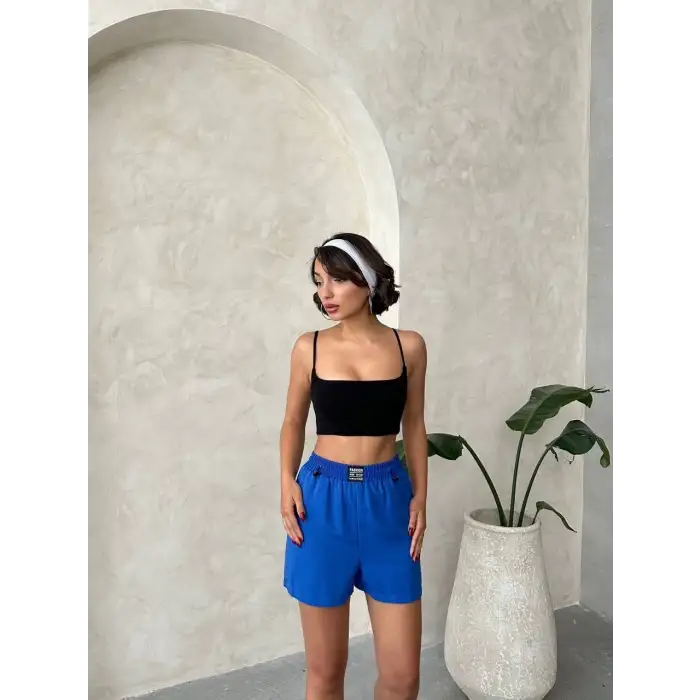 Armalı keten şort saks mavisi s251003