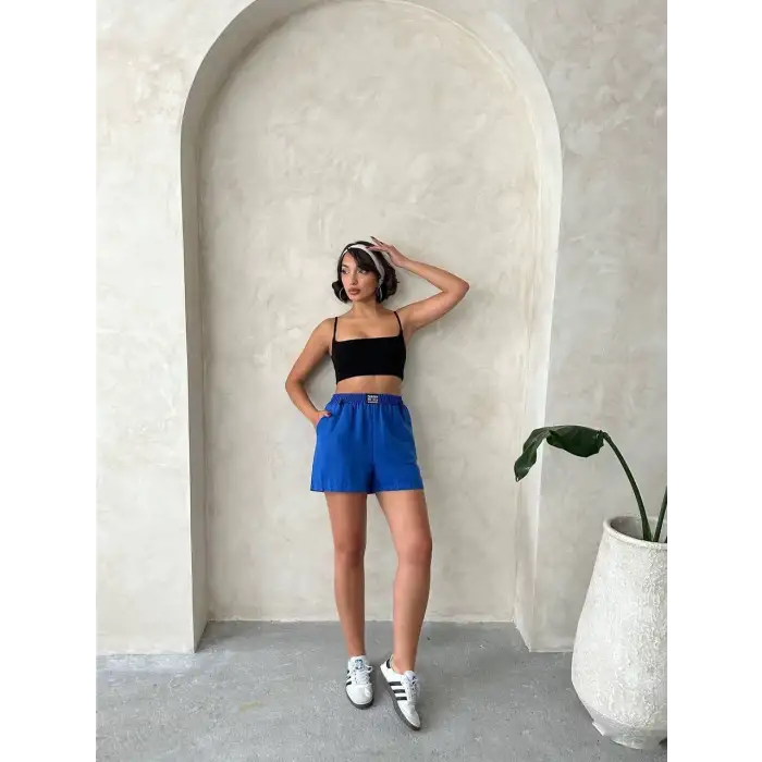 Armalı keten şort saks mavisi s251003