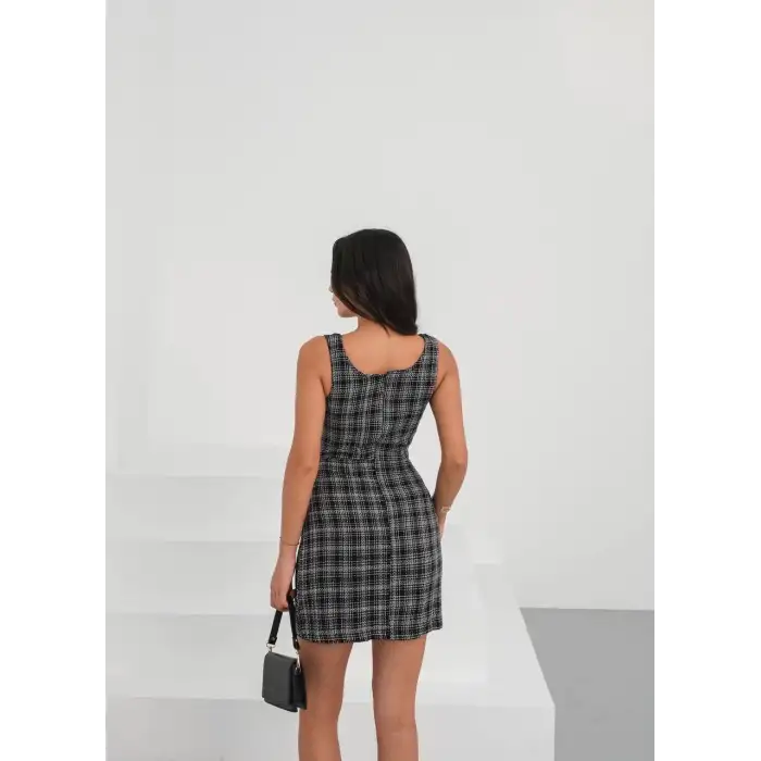 Askılı ch kumaş düğmeli elbise siyahbeyaz h265007