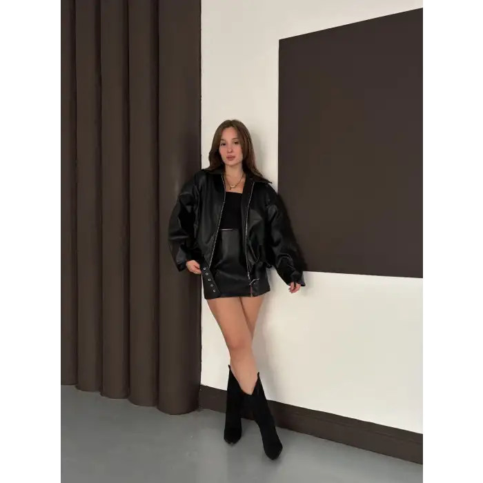 Astarlı kemerli pb deri ceket siyah onst