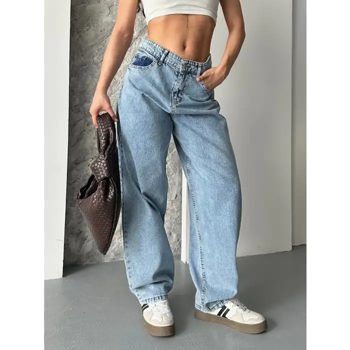 Baggy kar yıkama orta mavi jeans pantolon d2007