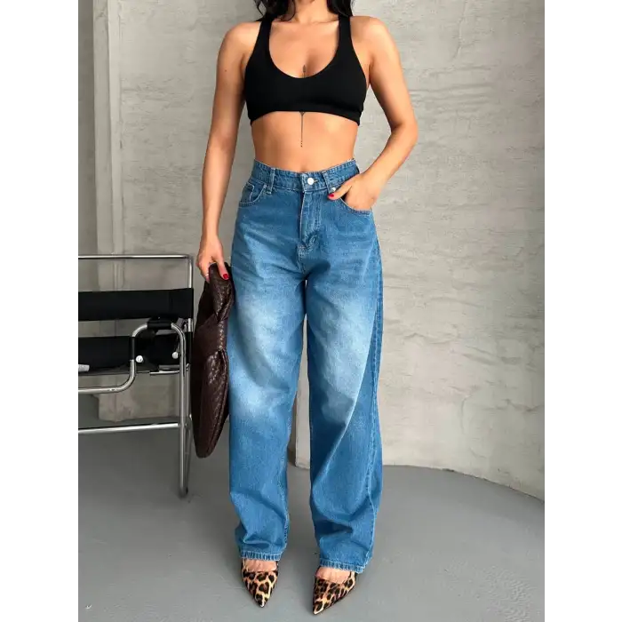 Baggy süper taş bıyık yıkama mavi jeans pantolon d2007