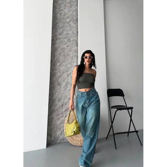 Baggy taş enzim bıyık yıkama jeans pantolon yeşil tint d2007