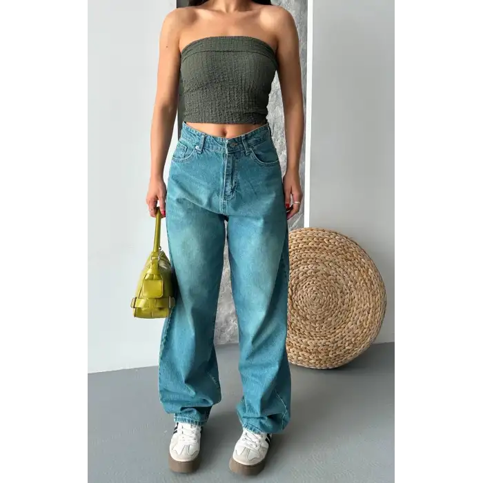 Baggy taş enzim bıyık yıkama jeans pantolon yeşil tint d2007
