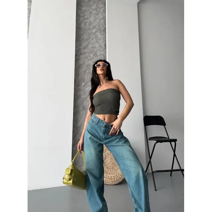 Baggy taş enzim bıyık yıkama jeans pantolon yeşil tint d2007