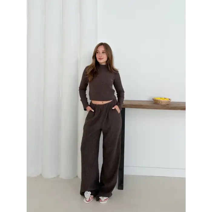 Balıkçı yaka örme takım kahve st265865