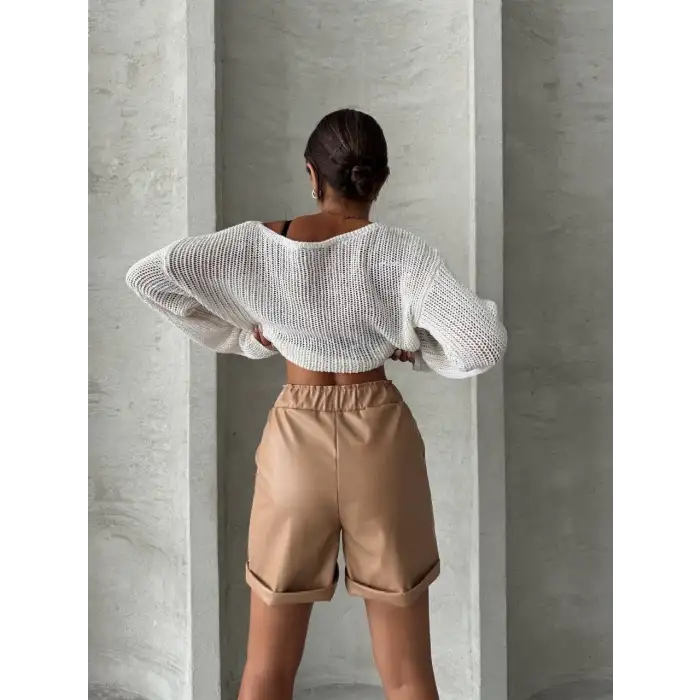 Beli lastikli duble paça deri şort bej w24755
